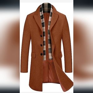 COOFANDY Men's Polyester Pea  Coat With Detachable Plaid Scarf Notched Collar